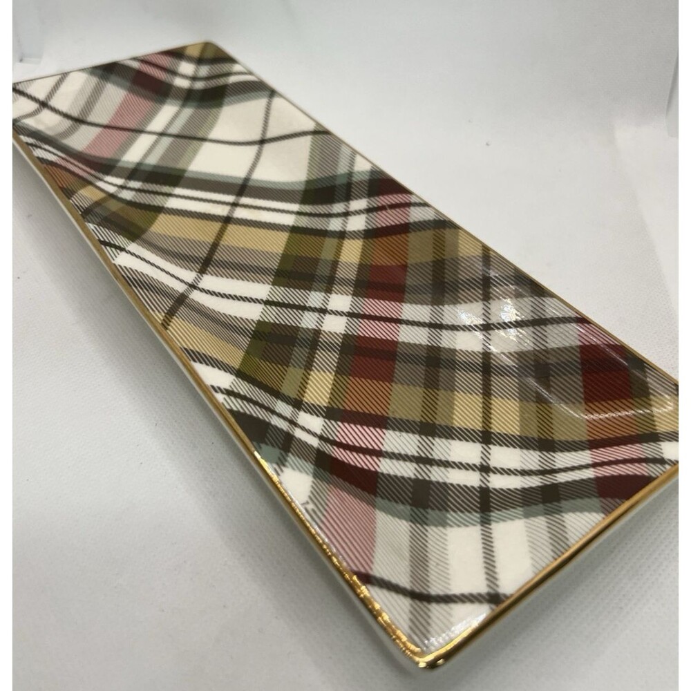 Pottery Barn Plaid Catch all Tray fall red green gold table decor christmas